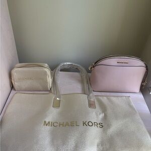 New Michael Kors Pink Crossbody & Michael KorsGold Tote Bag & Clutch Bundle Set